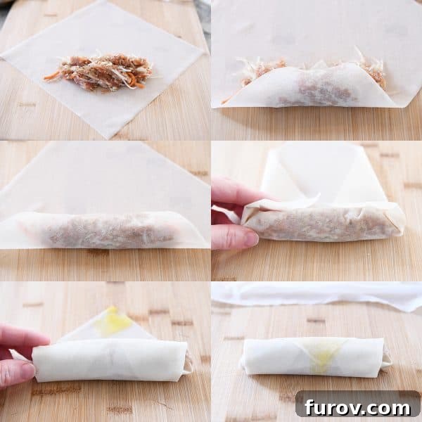 Marys Signature Egg Rolls 6 A visual guide showing six step-by-step photographs illustrating the meticulous process of assembling and wrapping an egg roll from start to finish.