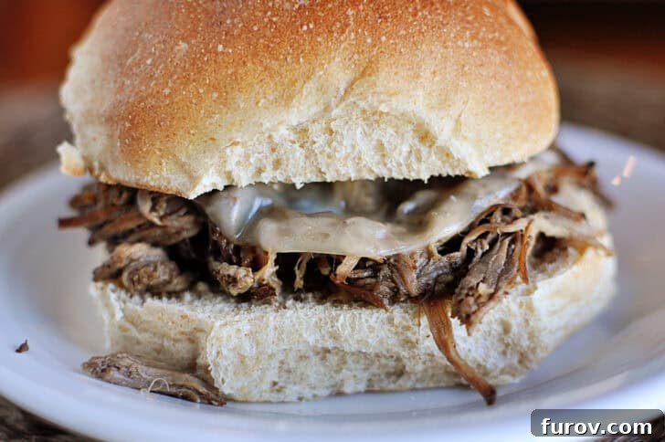 Tender Italian Beef for Sandwiches, shredded and served in its rich juices.