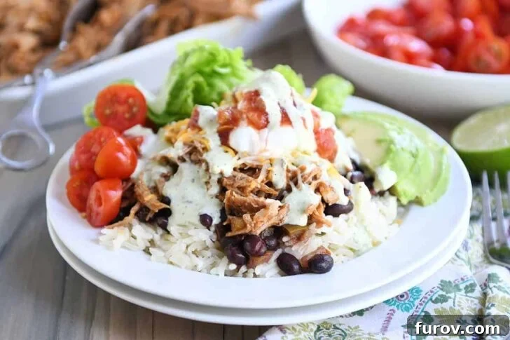 White plate with cilantro lime rice, black beans, sweet pork and toppings like corn and tomatoes.