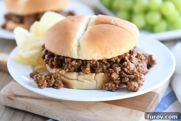 sloppy joe on white plate with a side of chips and pickles