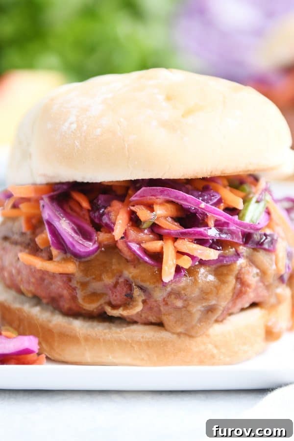 Closeup of Thai burgers on white plate.