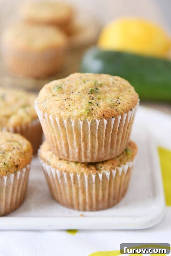 Two beautifully stacked lemon poppy seed zucchini muffins, showcasing their golden-brown tops and moist texture.