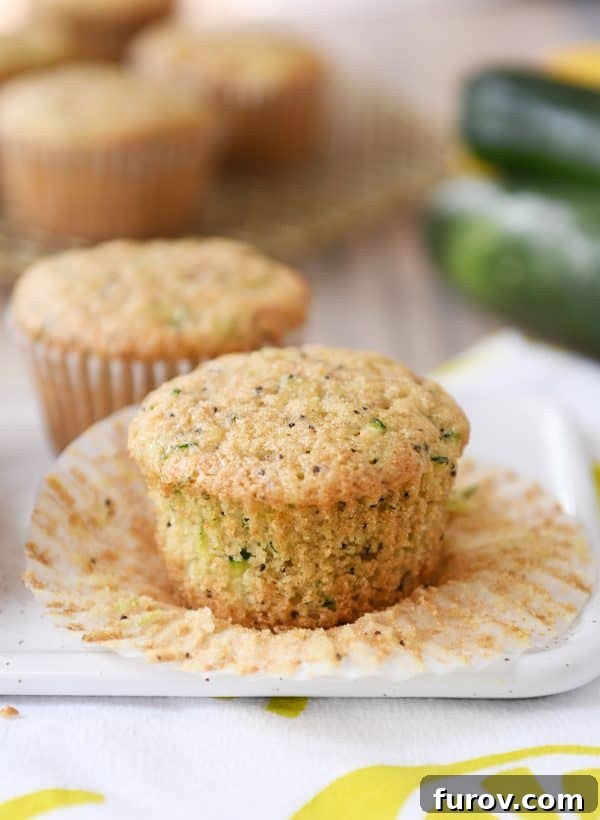 A single lemon poppy seed zucchini muffin, unwrapped and ready to be enjoyed, highlighting its fluffy texture.