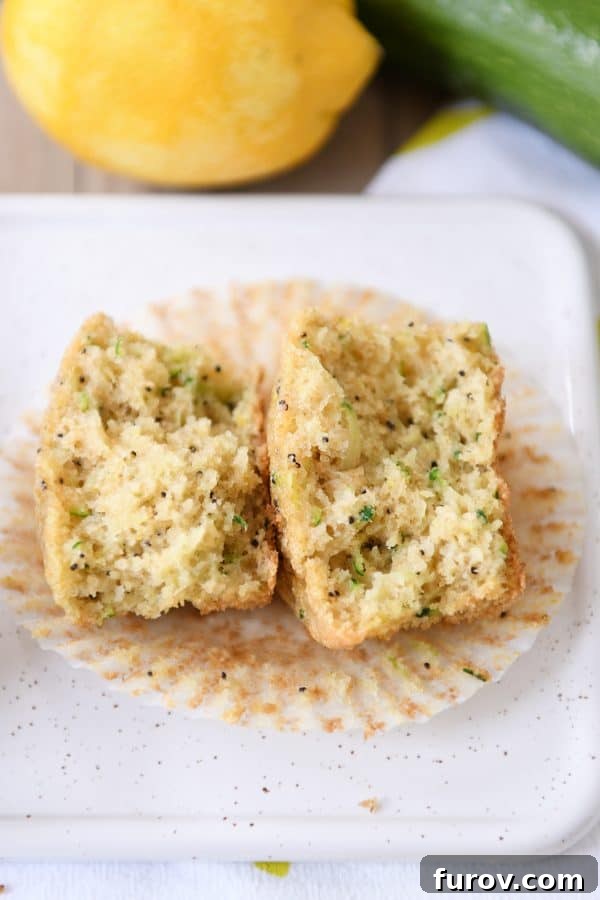 A lemon poppy seed zucchini muffin sliced in half on a white plate, revealing its moist crumb and specks of zucchini and poppy seeds.