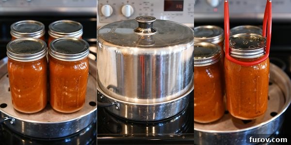 Processing quart jars of homemade spaghetti sauce.