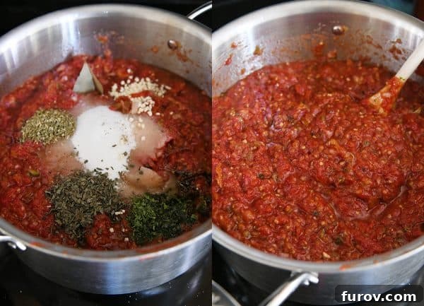 Combining sauce ingredients for homemade canned spaghetti sauce recipe.