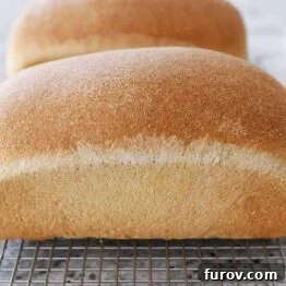 Two loaves of small batch whole wheat bread cooling on a rack, ready to be sliced.