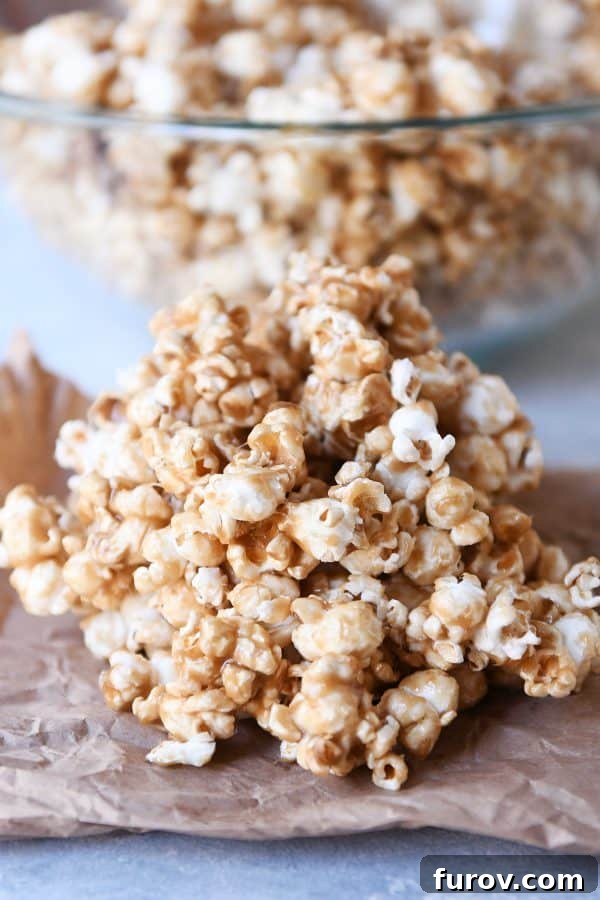 Irresistibly Soft Chewy Caramel Popcorn 4 Large bowl of soft and chewy caramel popcorn, overflowing with goodness.