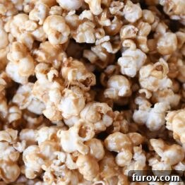 Closeup of soft and chewy caramel popcorn in a bowl.