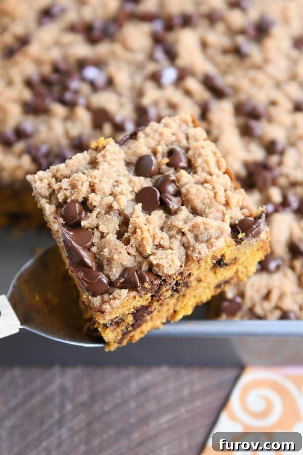 A spatula lifting a piece of pumpkin chocolate chip streusel cake from a pan, showing its moist texture.