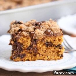 A delicious slice of pumpkin chocolate chip streusel cake on a white plate, garnished with streusel.