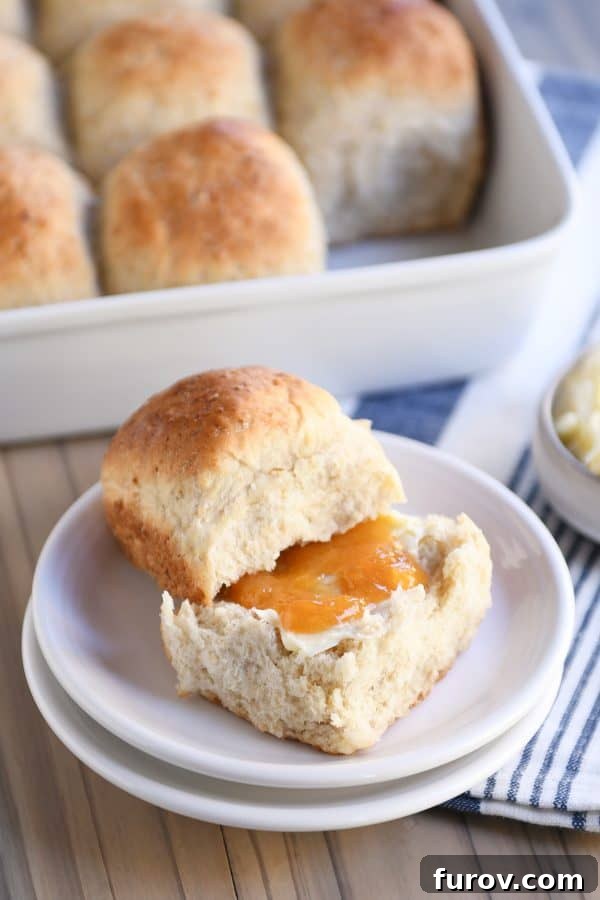 Fluffy honey oat dinner roll on white plate with butter and apricot jam.