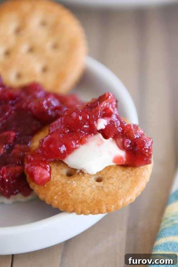 Versatile Cranberry Pecan Cream Cheese Dip 3 A Ritz cracker laden with a generous scoop of cranberry pecan cream cheese dip, ready to be enjoyed.