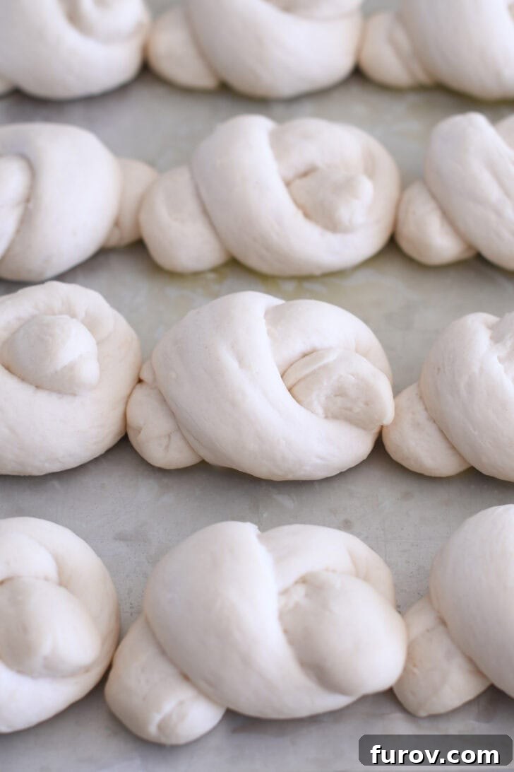 Simple Parmesan Garlic Knots 5 A baking sheet filled with nine perfectly risen, plump breadstick dough knots, lightly buttered and ready for the oven.