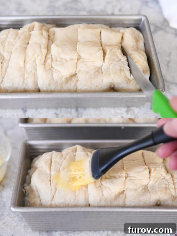 An uncooked bagel bread loaf being scored with a sharp knife and brushed with an egg wash, preparing it for a beautiful, golden crust.