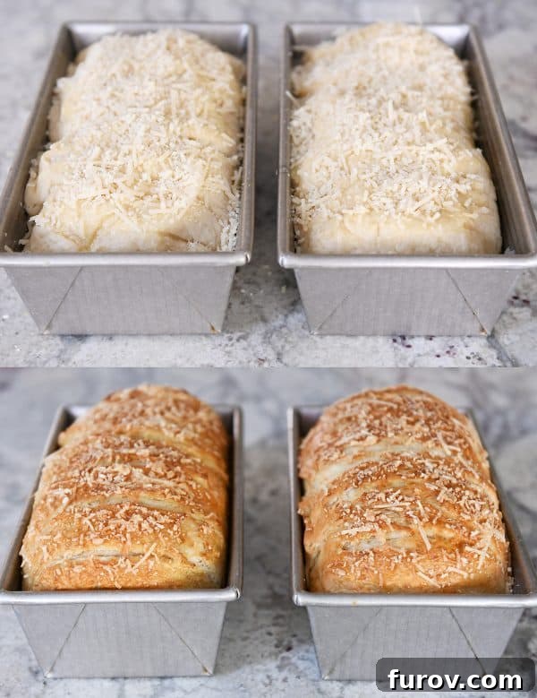 A visual comparison showing two raw, boiled bagel bread loaves side-by-side with two perfectly baked, golden-brown loaves, demonstrating the transformation.