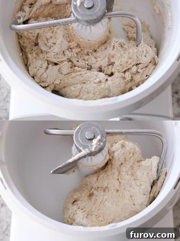 A top-down view of the bread dough expertly mixing in a Bosch stand mixer, showing its transformation into a smooth, cohesive consistency as it pulls from the bowl sides.