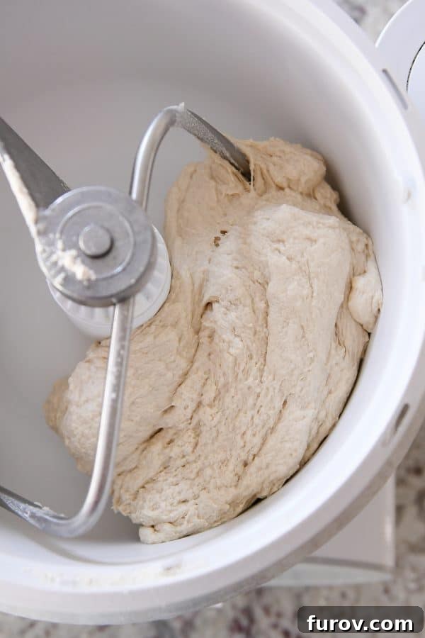 The perfectly smooth and elastic bagel bread dough, ready for its crucial resting period, inside a white Bosch mixer bowl.