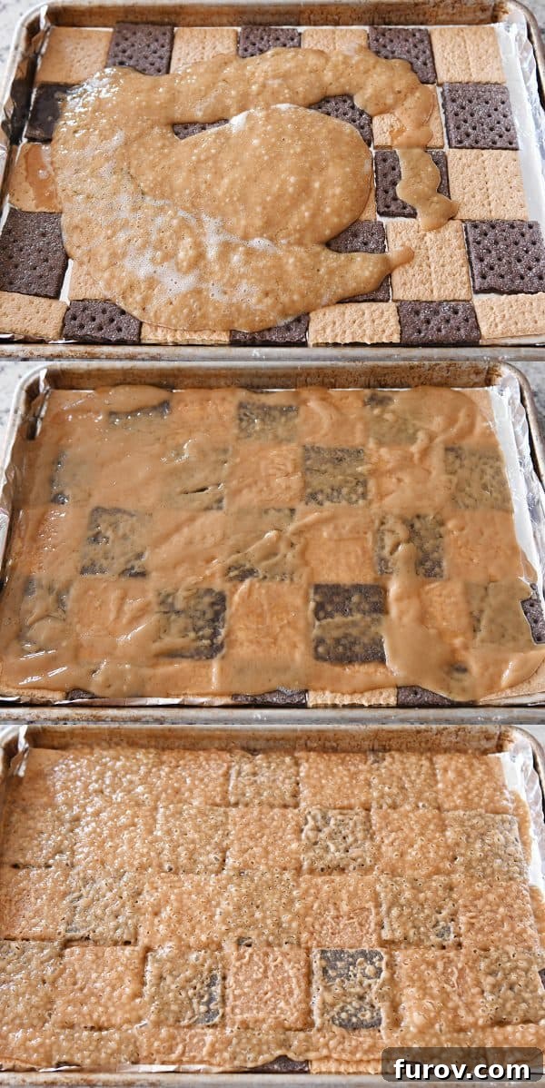 Effortless Peanut Butter Chocolate Graham Cracker Toffee 5 Easy graham cracker toffee shown with both unbaked graham crackers and the baked caramel layer, highlighting the transformation.