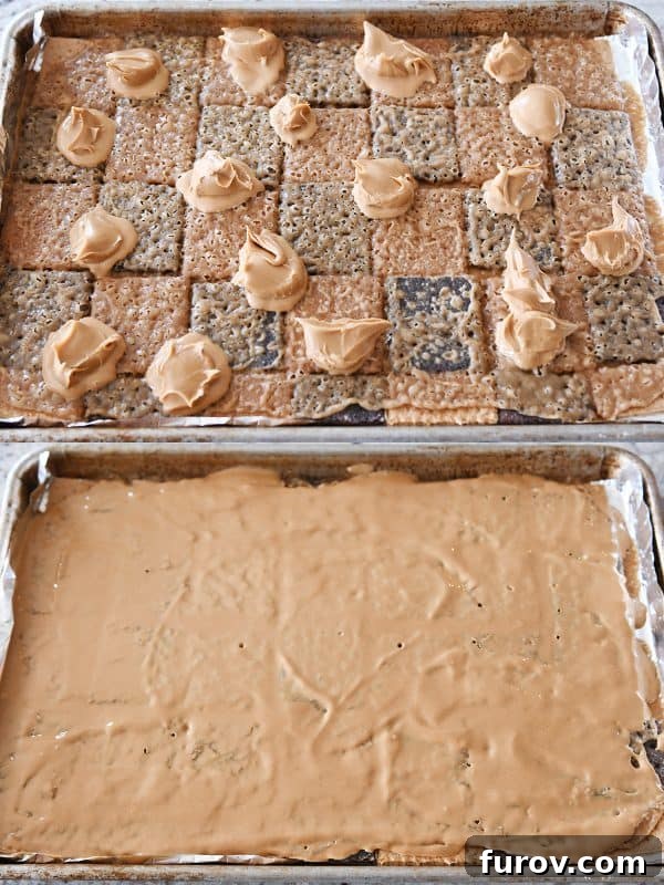Effortless Peanut Butter Chocolate Graham Cracker Toffee 6 Easy graham cracker toffee with a smooth layer of peanut butter spread on top, ready for the chocolate.
