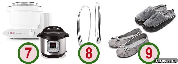 High-performance kitchen appliances and elegant jewelry, including an Instant Pot, Bosch mixer, drop earrings, and ballet slippers