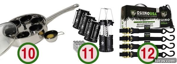 Kitchen gadgets like an egg poacher and practical outdoor gear including lanterns and tie-down straps