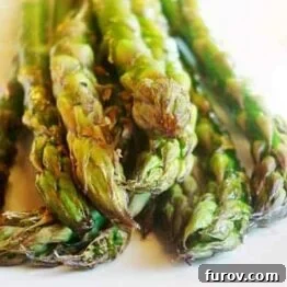 Close-up of roasted asparagus spears.