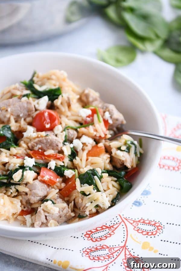 White bowl filled with orzo, spinach, bell peppers and pork.