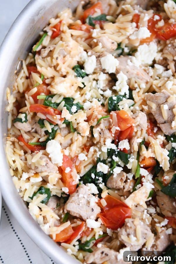 Stainless pan filled with Mediterranean orzo skillet with pork, rich with tomatoes and bell peppers.