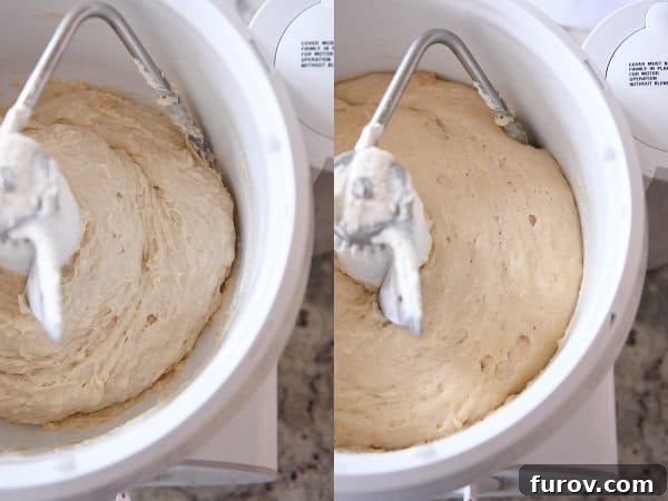 Master Cheryl's Famous Cinnamon Rolls: A Step-by-Step Guide to the Best Recipe and Baking Secrets 12 A bowl of cinnamon roll sponge dough after rising, showing a visibly puffed-up and bubbly surface, ready for the next stage.