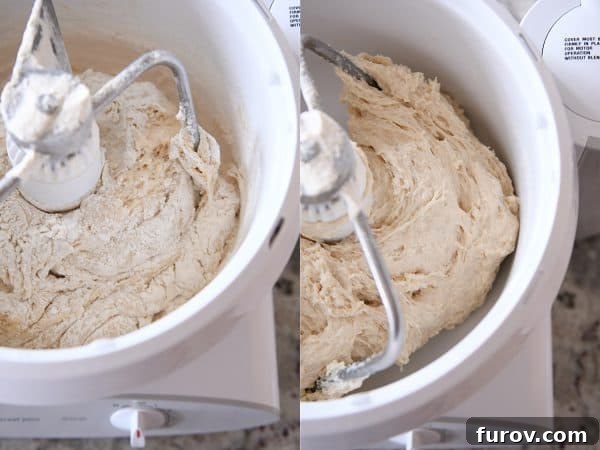 Master Cheryl's Famous Cinnamon Rolls: A Step-by-Step Guide to the Best Recipe and Baking Secrets 14 A side-by-side view showing the cinnamon roll dough initially rough and shaggy on the left, and then coming together more smoothly after mixing on the right.