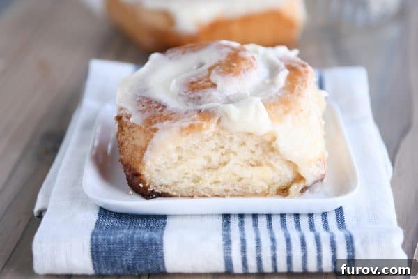 Master Cheryl's Famous Cinnamon Rolls: A Step-by-Step Guide to the Best Recipe and Baking Secrets 25 A close-up of a single, incredibly fluffy cinnamon roll, generously frosted, sitting on a white plate after being baked in a smaller square pan.