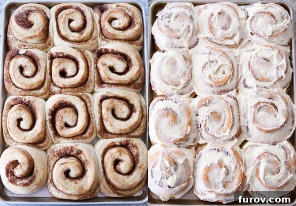 Master Cheryl's Famous Cinnamon Rolls: A Step-by-Step Guide to the Best Recipe and Baking Secrets 27 A side-by-side comparison of unfrosted, freshly baked cinnamon rolls on the left, and the same rolls generously covered with creamy frosting on the right.