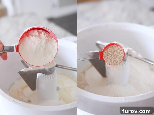Master Cheryl's Famous Cinnamon Rolls: A Step-by-Step Guide to the Best Recipe and Baking Secrets 8 Dry ingredients, including flour and instant yeast, being added to the wet mixture in a stand mixer bowl.
