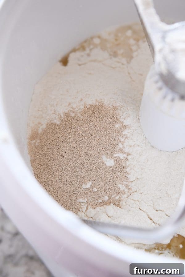 Master Cheryl's Famous Cinnamon Rolls: A Step-by-Step Guide to the Best Recipe and Baking Secrets 9 Close-up shot of instant yeast sprinkled evenly on top of a layer of flour within a Bosch mixer bowl, ready for mixing.