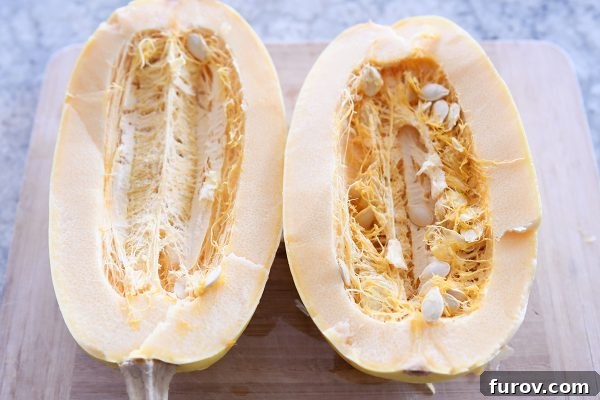 Cut spaghetti squash with seeds.