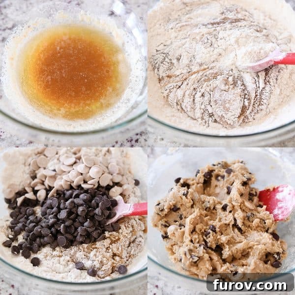 Salted Caramel Brown Butter Chocolate Chip Bars 5 Process collage of brown butter, flour being added to cookie dough, chocolate chips and mixed cookie dough.