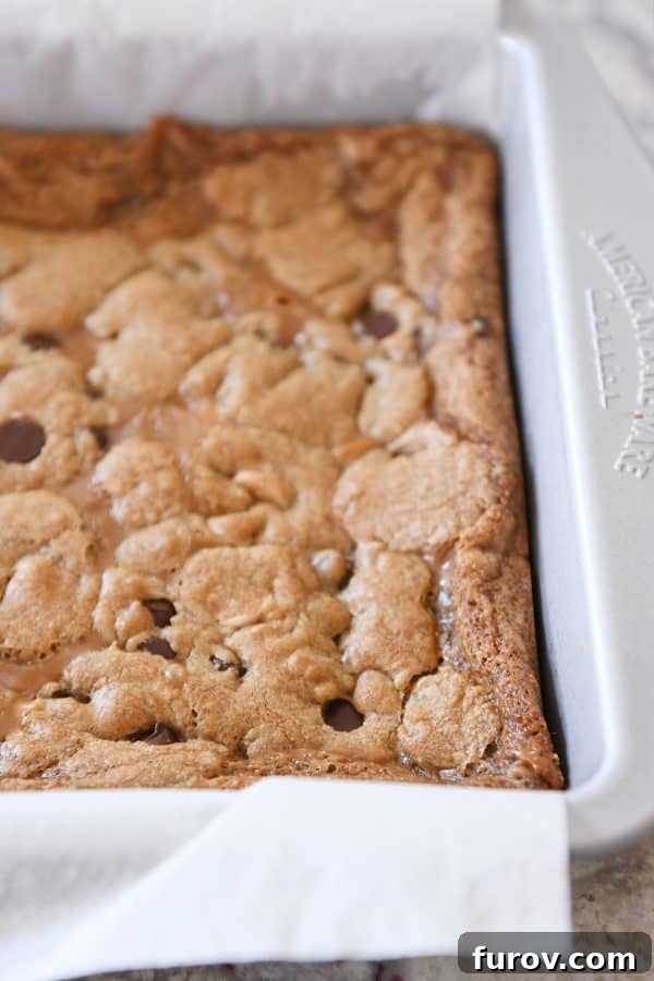 Salted Caramel Brown Butter Chocolate Chip Bars 7 Process shot of baked salted caramel brown butter chocolate chip bars.