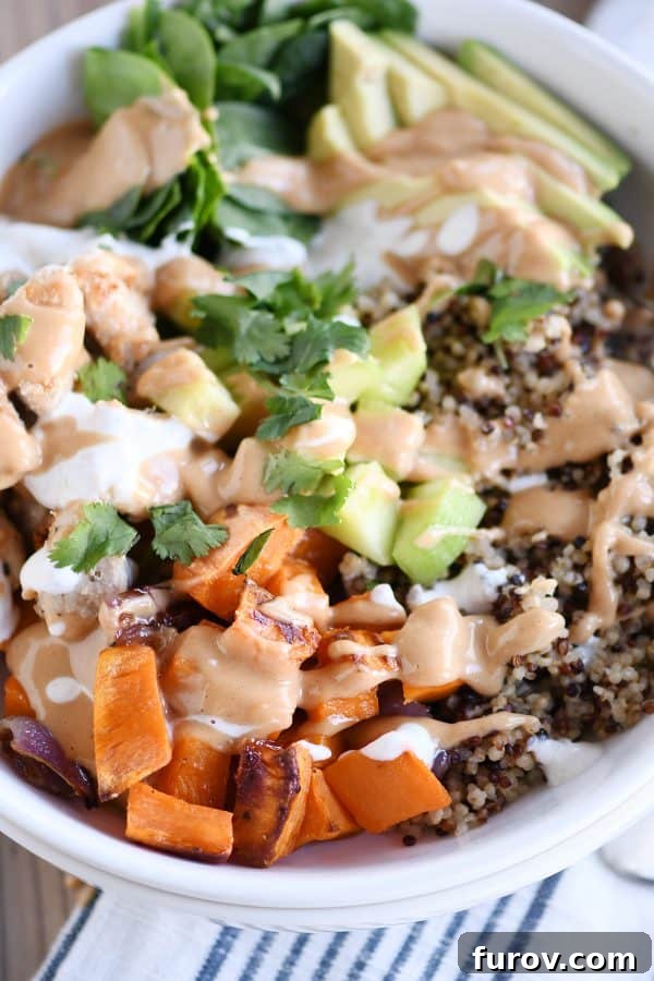 Mel's Buddha Bowls with Signature Peanut Sauce 2 Top down view of Buddha bowl recipe with peanut sauce.