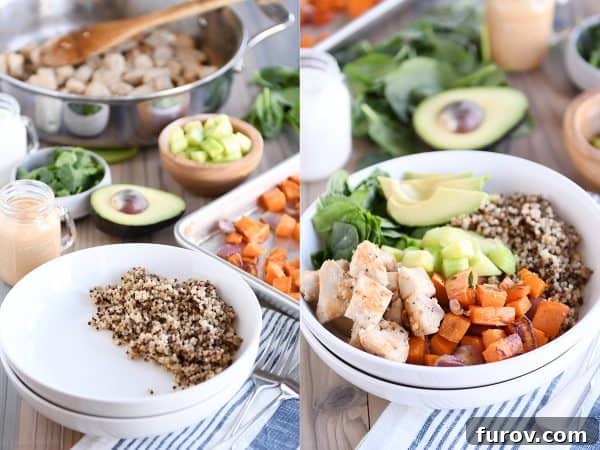Mel's Buddha Bowls with Signature Peanut Sauce 4 Assembling Buddha bowls in white bowls with quinoa, chicken, sweet potatoes, avocado.