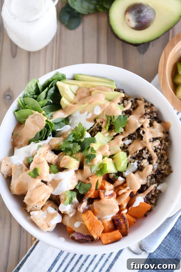 Mel's Buddha Bowls with Signature Peanut Sauce 5 Top down view of Buddha bowl recipe with peanut sauce.