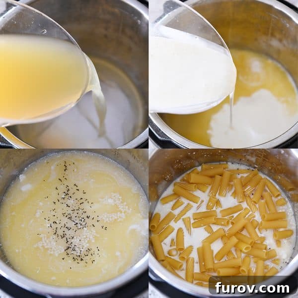 Ultimate Instant Pot Creamy Faux-Baked Ziti 3 Step-by-step image showing broth being poured into an Instant Pot, followed by cream and dry pasta, illustrating the 'dump and go' layering technique.