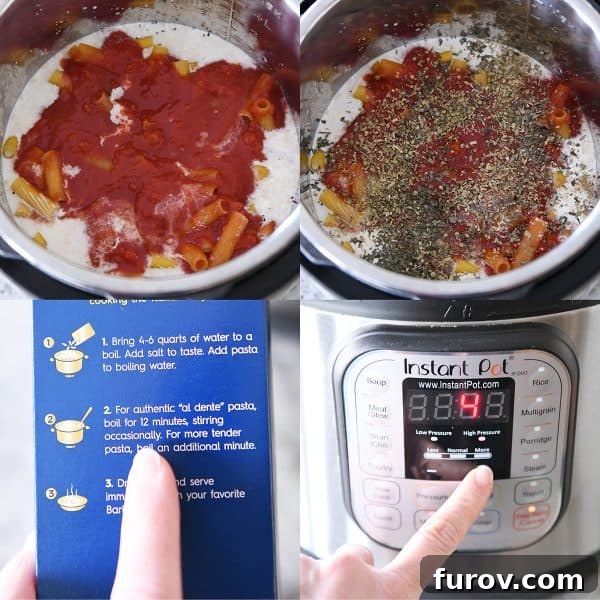 Ultimate Instant Pot Creamy Faux-Baked Ziti 4 Step-by-step image showing ingredients in the Instant Pot, with a hand adjusting the digital timer to 4 minutes, demonstrating how to set the cook time.