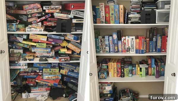 Organized game closet with games stored on their sides.