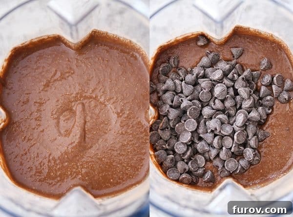 Decadent Gluten-Free Double Chocolate Banana Blender Muffins 5 Top-down view of the blended double chocolate muffin batter, smooth with a scattering of chocolate chips, ready for baking.