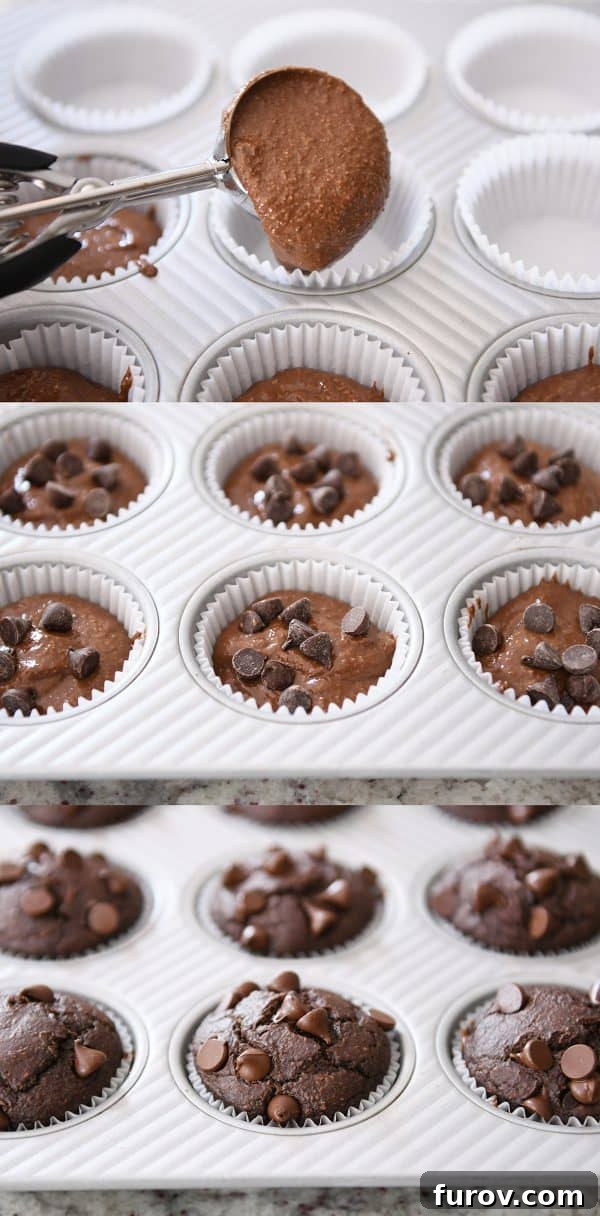Decadent Gluten-Free Double Chocolate Banana Blender Muffins 6 A step-by-step visual of the muffin baking process: scooping batter into the tin, unbaked muffins, and then a tray of perfectly baked double chocolate banana blender muffins.