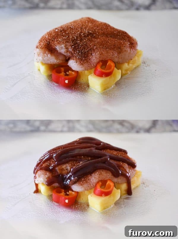 Hawaiian Pineapple Chicken Foil Packs Grilled or Baked 4 Two pictures demonstrating how to layer pineapple, peppers, and BBQ chicken within a foil packet.