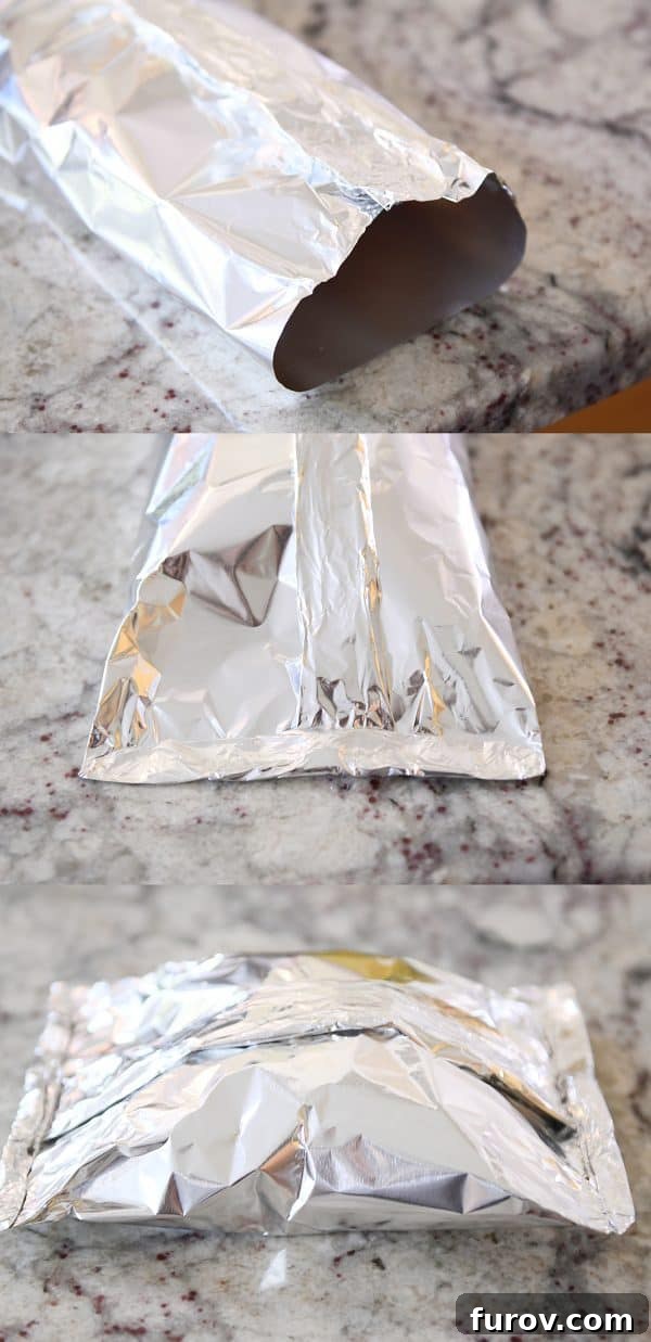 Hawaiian Pineapple Chicken Foil Packs Grilled or Baked 5 Three pictures illustrating the process of folding and crimping the edges of a foil packet dinner for a secure seal.