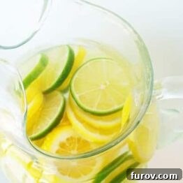 A refreshing pitcher of citrus water punch with lemon and lime slices.