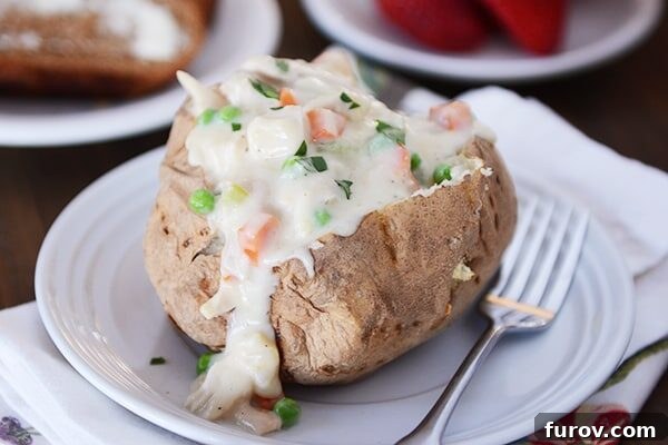 Effortless Entertaining Build Your Own Meals For Any Crowd Recipes and Tips 9 A loaded baked potato topped with creamy chicken pot pie filling and fresh herbs.